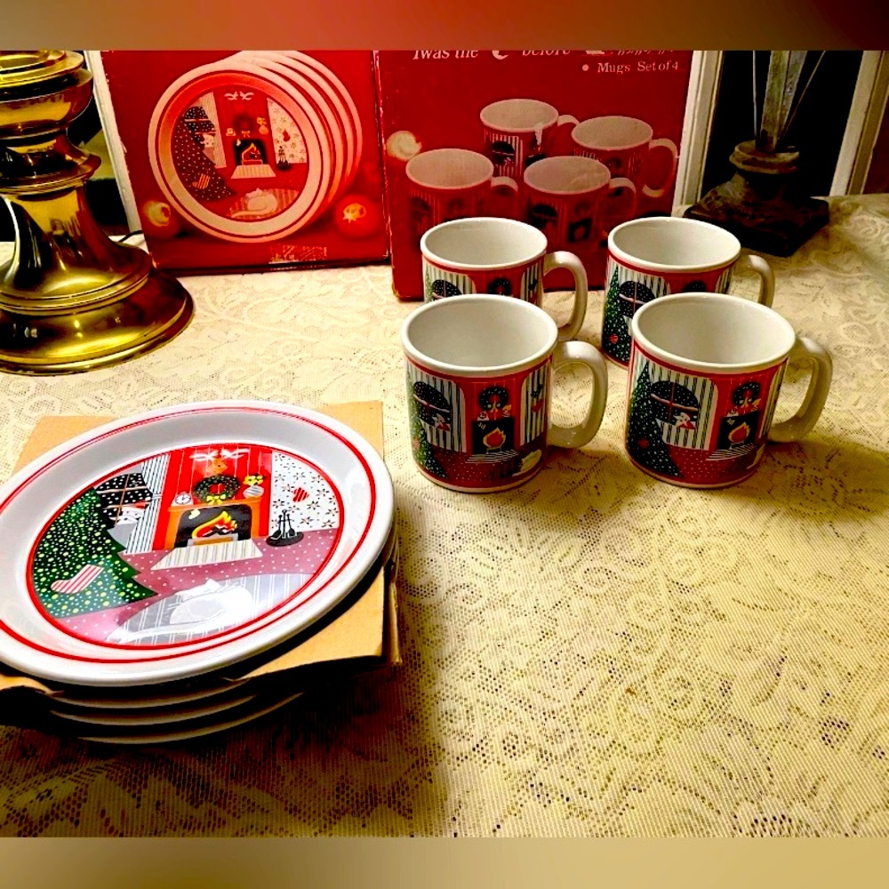 8 Piece Vintage Noritake Twas The Night Before Christmas Cat Plates And Mugs Set